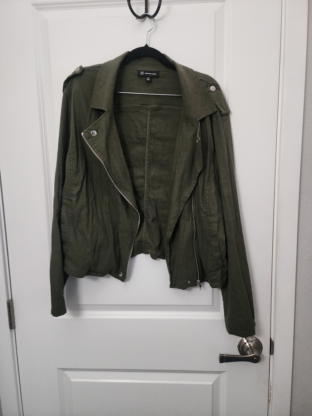 INC International Concepts Linen Blend Olive Green Utility Moto Jacket